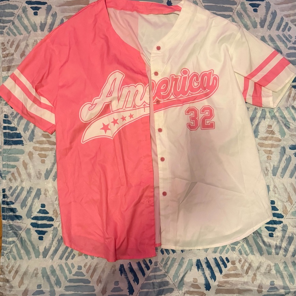 SHEIN Pink & White America 32 Baseball Jersey Shirt Size Small